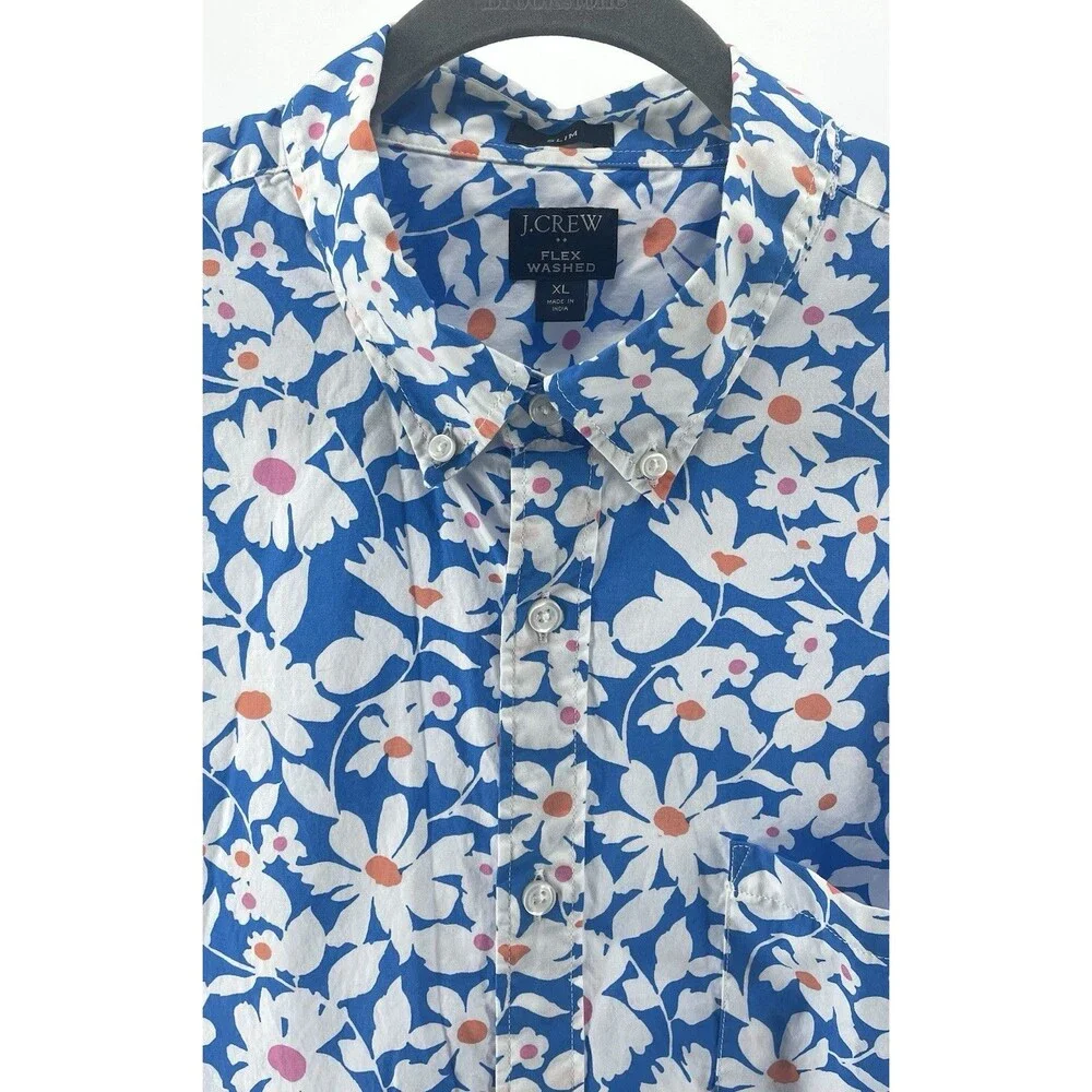 J. Crew Flex Washed Slim Shirt Men’s XL Blue Floral Button Up Cotton Stretch